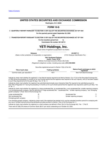 Thumbnail YETI Holdings
 10-Q Quarterly Report FY2020 