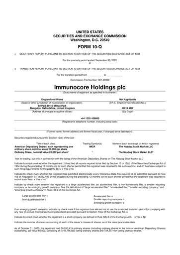 Miniature Immunocore 10-Q Rapport trimestriel  