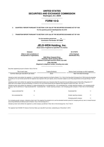 Thumbnail Jeld-Wen 10-Q Quarterly Report FY2019 
