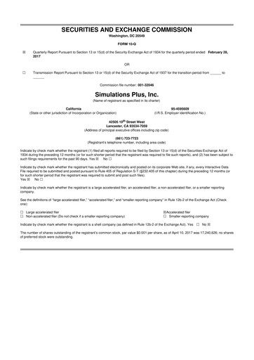 Miniature Simulations Plus
 10-Q Rapport trimestriel  