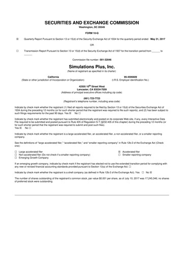 Miniature Simulations Plus
 10-Q Rapport trimestriel  