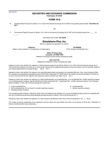 Miniature Simulations Plus
 10-Q Rapport trimestriel  
