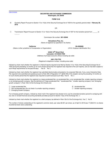 Miniature Simulations Plus
 10-Q Rapport trimestriel  