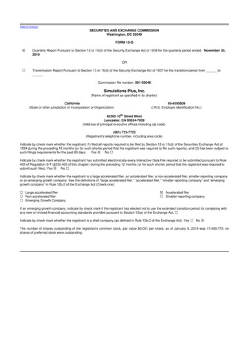 Miniature Simulations Plus
 10-Q Rapport trimestriel  