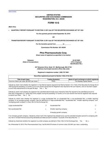 Vorschaubild Phio Pharmaceuticals 10-Q Quartalsbericht 2019 
