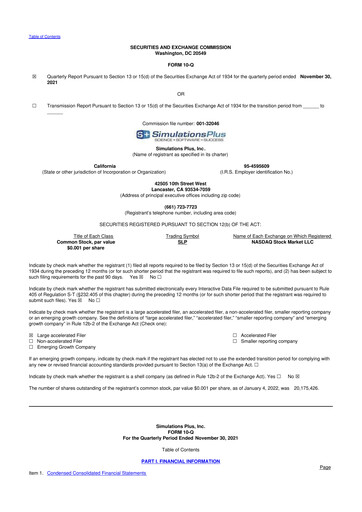 Miniature Simulations Plus
 10-Q Rapport trimestriel  