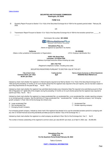 Miniature Simulations Plus
 10-Q Rapport trimestriel  
