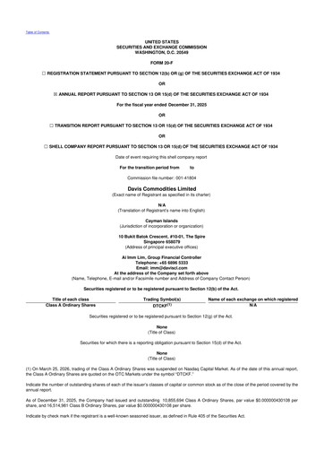 Miniature Davis Commodities 20-F Rapport annuel 