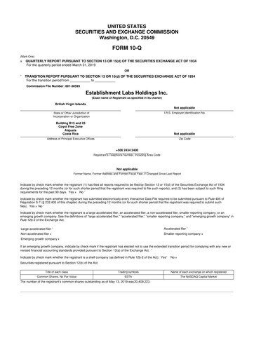 Thumbnail Establishment Labs 10-Q Quarterly Report FY2019 