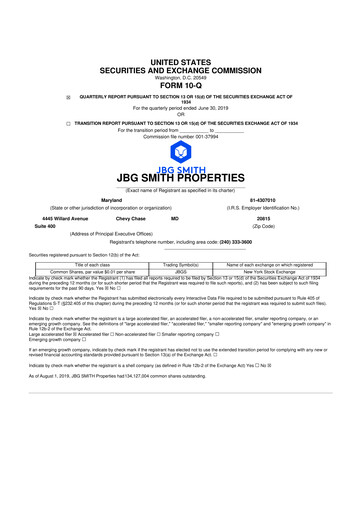 Thumbnail JBG SMITH
 10-Q Quarterly Report FY2019 