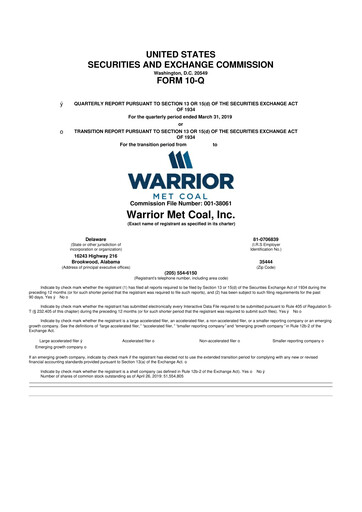 Thumbnail Warrior Met Coal
 10-Q Quarterly Report FY2019 