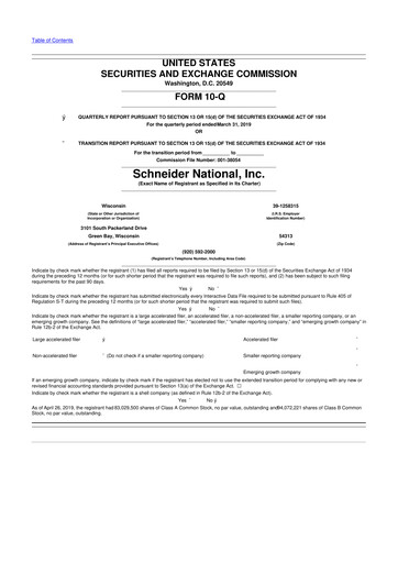 Thumbnail Schneider National 10-Q Quarterly Report FY2019 