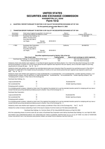 Thumbnail Southwest Gas
 10-Q Quarterly Report FY 