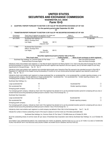Thumbnail Southwest Gas
 10-Q Quarterly Report FY 