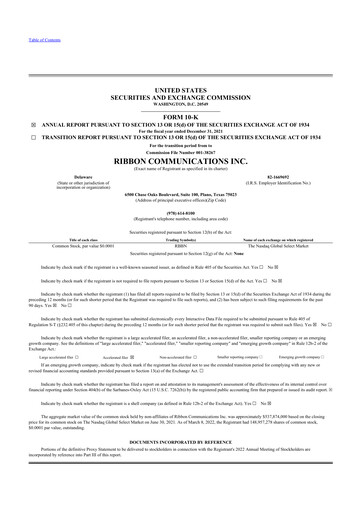 Thumbnail Ribbon Communications 10-K Annual Report 2021