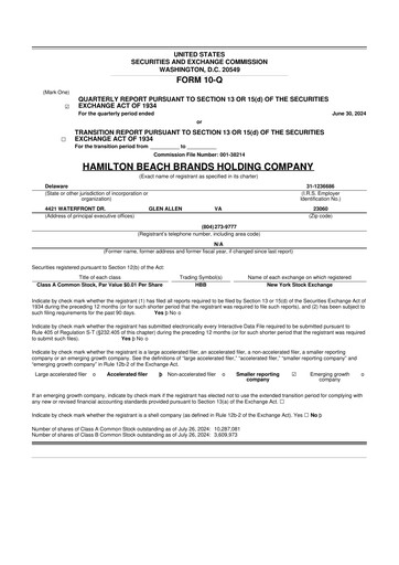 Thumbnail Hamilton Beach Brands 10-Q Quarterly Report FY 