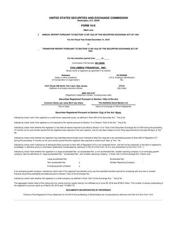 Miniature Columbia Financial 10-K Rapport annuel 2018