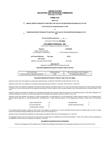 Miniature Columbia Financial 10-K Rapport annuel 2019
