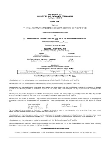 Miniature Columbia Financial 10-K Rapport annuel 2020