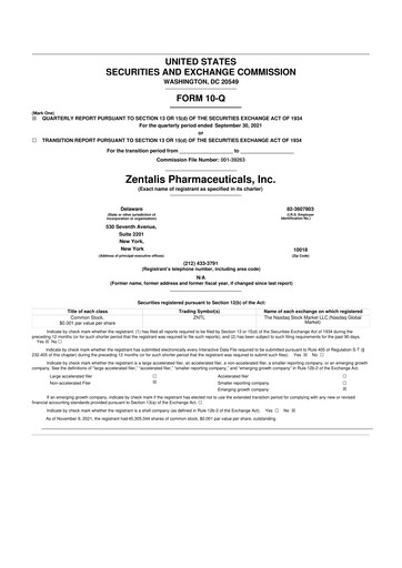 Thumbnail Zentalis Pharmaceuticals 10-Q Quarterly Report FY2021 