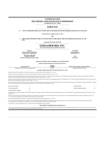 Thumbnail Gossamer Bio 10-K Annual Report 2021