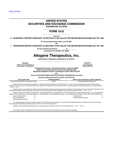 Thumbnail Allogene Therapeutics
 10-Q Quarterly Report FY 