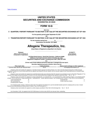 Thumbnail Allogene Therapeutics
 10-Q Quarterly Report FY 
