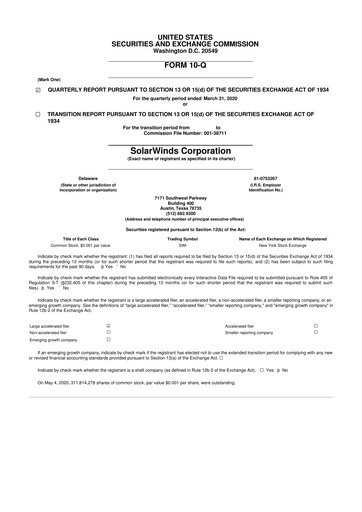 Thumbnail SolarWinds
 10-Q Quarterly Report FY 