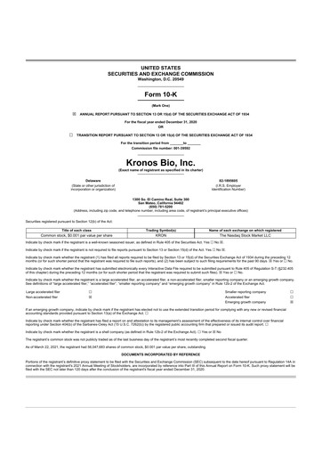 Miniature Kronos Bio 10-K Rapport annuel 2020