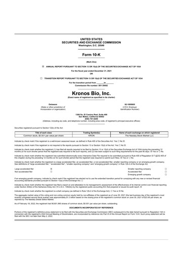 Miniature Kronos Bio 10-K Rapport annuel 2021