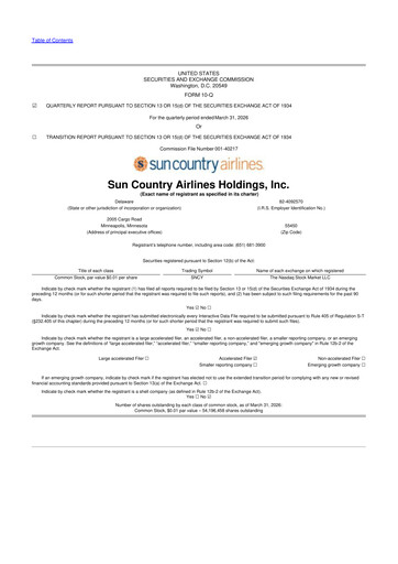 Thumbnail Sun Country Airlines 10-Q Quarterly Report FY 