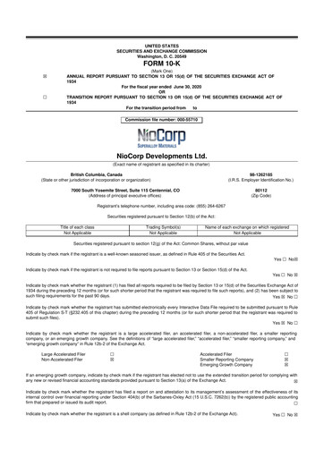 Thumbnail NioCorp Developments 10-K Annual Report 2020