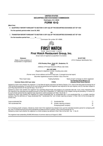 Thumbnail First Watch Restaurant 10-Q Quarterly Report FY2022 