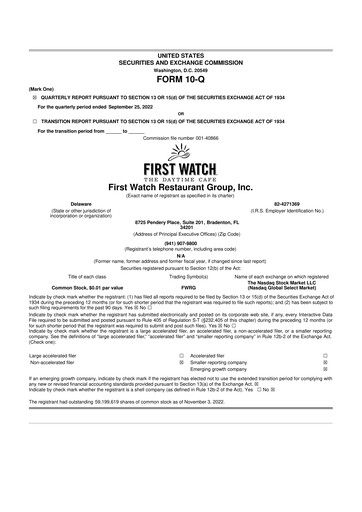 Thumbnail First Watch Restaurant 10-Q Quarterly Report FY2022 