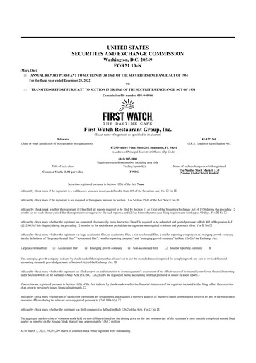 Thumbnail First Watch Restaurant 10-K Annual Report 2022