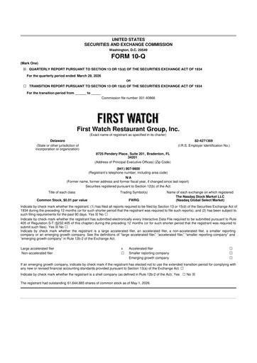 Thumbnail First Watch Restaurant 10-Q Quarterly Report FY 