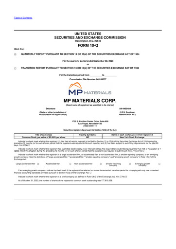 Thumbnail MP Materials 10-Q Quarterly Report FY2023 