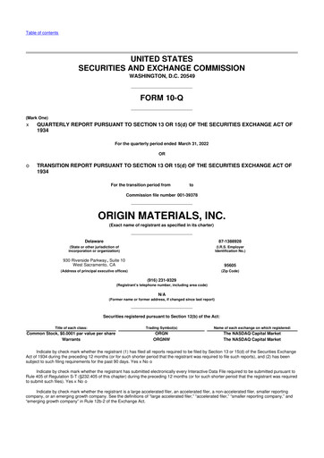 Thumbnail Origin Materials 10-Q Quarterly Report FY2022 