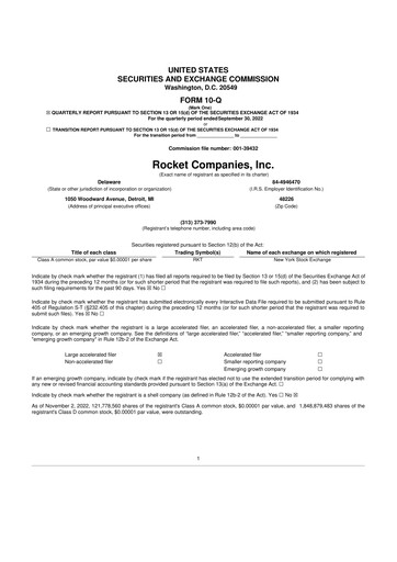 Thumbnail Rocket Companies
 10-Q Quarterly Report FY2022 