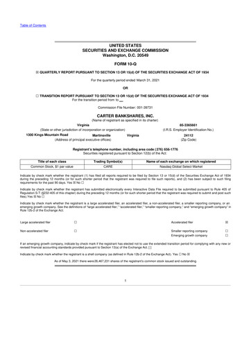 Thumbnail Carter Bankshares 10-Q Quarterly Report FY2021 