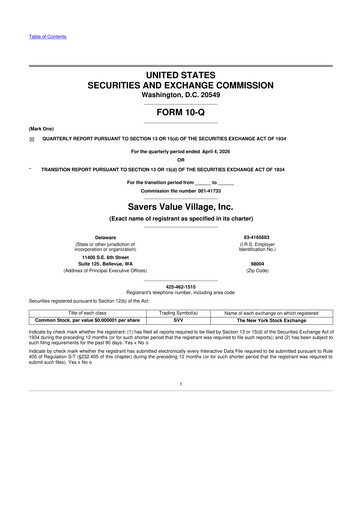Miniature Savers Value Village 10-Q Rapport trimestriel  