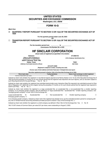 Thumbnail HF Sinclair 10-Q Quarterly Report FY2023 