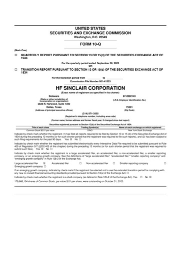 Thumbnail HF Sinclair 10-Q Quarterly Report FY2023 