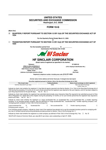 Thumbnail HF Sinclair 10-Q Quarterly Report FY 
