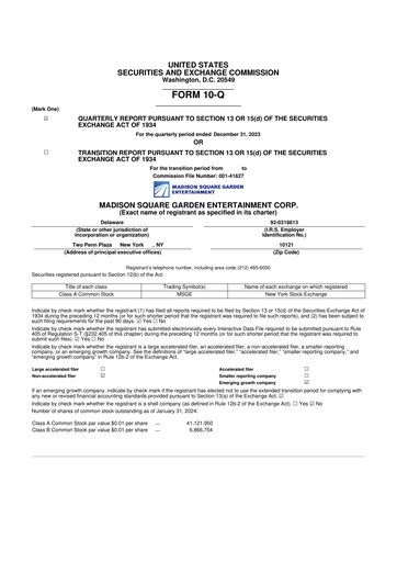 Thumbnail Madison Square Garden Entertainment 10-Q Quarterly Report FY 