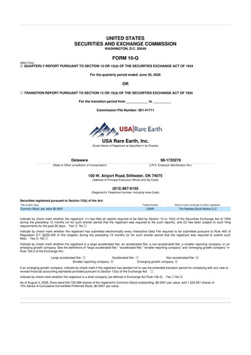 Miniature USA Rare Earth 10-Q Rapport trimestriel 2026 
