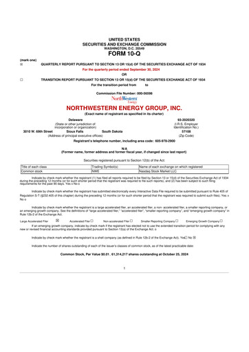 Miniature NorthWestern Energy
 10-Q Rapport trimestriel 2024 