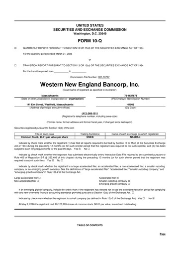 Thumbnail Western New England Bancorp 10-Q Quarterly Report FY 