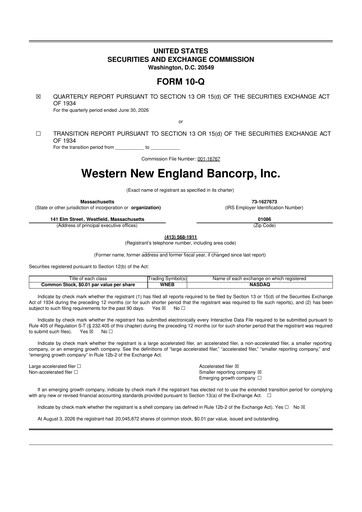Miniature Western New England Bancorp 10-Q Rapport trimestriel 2026 