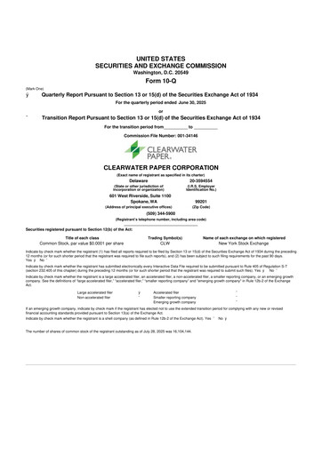 Thumbnail Clearwater Paper 10-Q Quarterly Report FY 